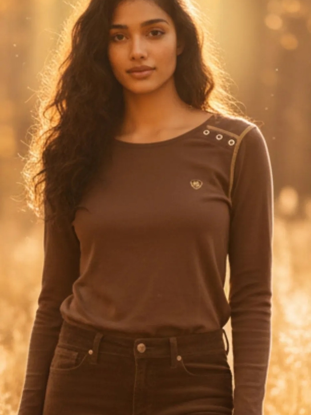 Ariat Brown Long-Sleeve Crewneck with Shoulder Eyelets